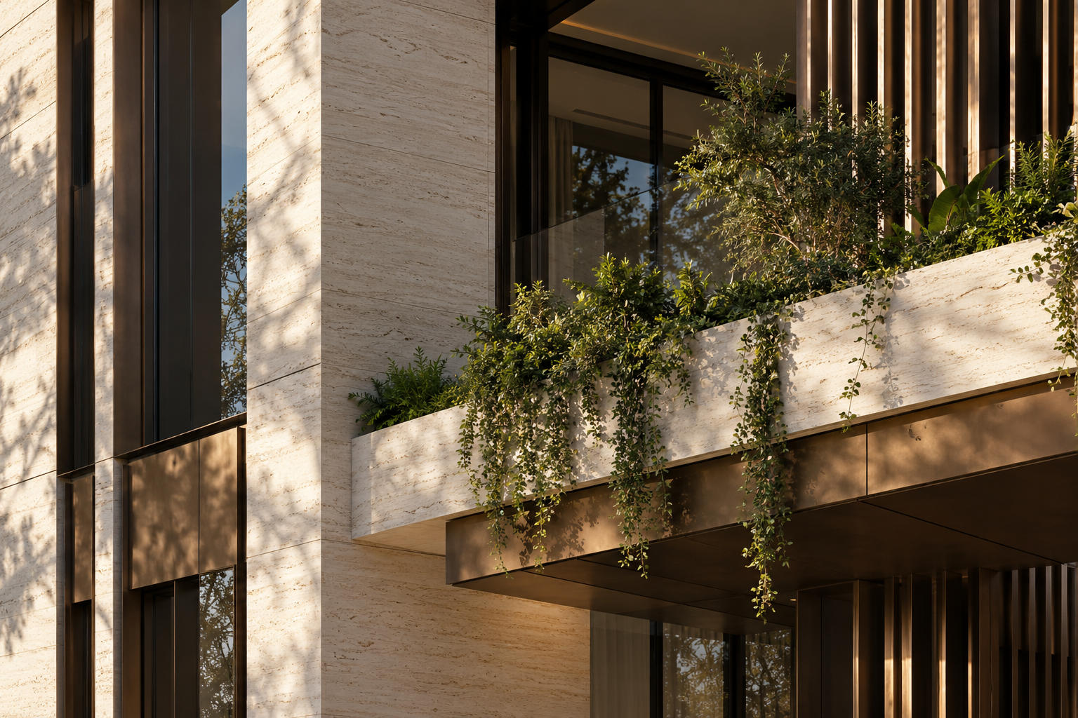 Limestone and bronze façade with planted terraces