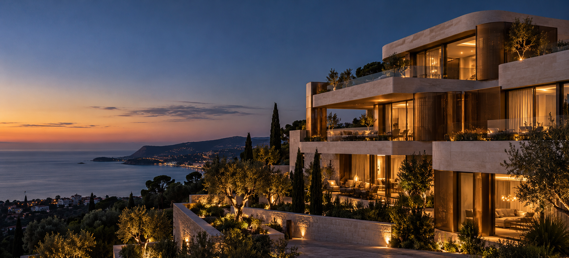 Fictional Piece of Heaven residence overlooking a Mediterranean coastline at dusk